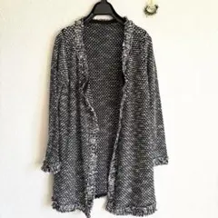 ノーカラージャケット ブラックホワイト ジャガード 袖裾襟元フリンジ付き M