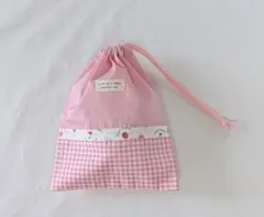 1219　ピンクフルーツ柄　ギンガムチェック巾着袋　23×19