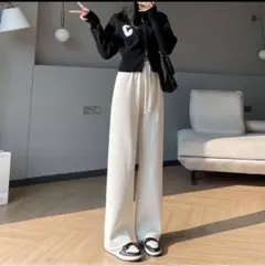 ワイドパンツ ゆったり　韓国　ゆったり　美脚　着痩せ　無地　白 カジュアル　ゴム