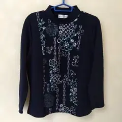 長袖 カットソー トップス 花柄 黒 ハイネック