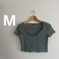 SHEIN グリーン Vネック クロップドTシャツ M