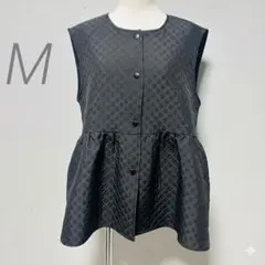 ドット柄　ペプラム　トップス　ベスト ジレ　卒業式　 黒　ブラック　M