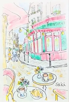 フランス パリ モンマルトル カフェ 原画 水彩 おしゃれ はがき インテリア