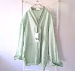 【新品タグ付】ZARA ミントグリーン 長袖リネンオーバーシャツ