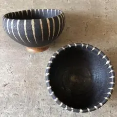 美濃焼　錆巻十草波渕高台碗2個