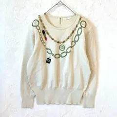 ニット セーター トップス 長袖 M チェーン刺繍 ビーズ 毛100% 個性的