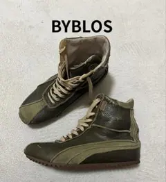色味◎ BYBLOS レザー　ハイカットスニーカー　グリーン　41 イタリア製のサムネイル