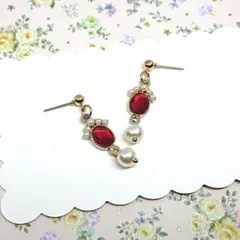 No.426☆パール付オーバル（レッド） ピアス イヤリング マスクチャーム