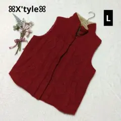 1571＊エクスタイル 中綿ジップケーブル編ニットベスト【L】赤 襟裏ボア 古着