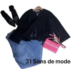 31 sons de mode 黒 ノーカラーコートビジュー付ウール混ショート丈のサムネイル