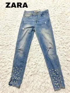 《ZARA BASIC》ザラ ダメージデニム スキニー ビジュー ストレッチのサムネイル