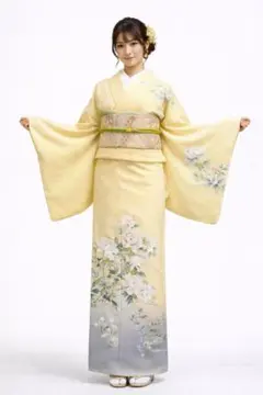 訪問着フルセット5点サイズM〜Ｌ刺繍　牡丹花文　暈し染め　金彩　正絹