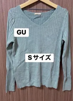 GU くすみグリーン　薄手ニット　S サイズ　Vネック　リブ編み　フィット　春