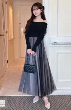 【匿名配送】【タグ付き】オフショルニットチュールフレアワンピース[dr744]