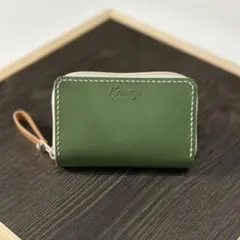 本革 ラウンドファスナー ミニ財布 コンパクト財布 小銭入れ ハンドメイド 緑