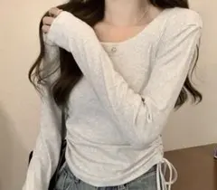 グレー 長袖 Tシャツ サイドドローストリングSHEIN