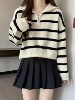 GRLボーダー柄ハーフジップニットトップス［ks015］