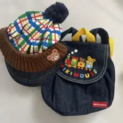 MIKIHOUSE ミキハウス 小型リュック　デニム 刺繍　チェック柄帽子