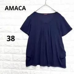 アマカ ブラウス 異素材ドッキング シフォン フリルスリーブ 38 紺P2579のサムネイル