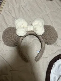 ミッキー耳カチューシャ ベージュ リボン付き