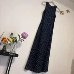 SHEIN ネイビー ドット柄 ノースリーブ ロングワンピース XS