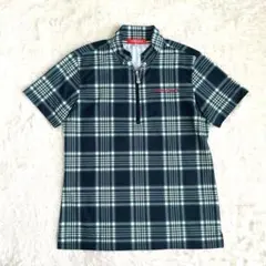 【美品】マリクレール ハーフジップ　半袖ポロシャツ　ネイビー　グリーンチェックのサムネイル