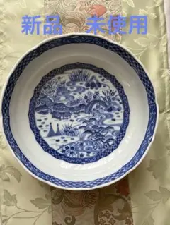 新品　未使用　青白い風景画の皿　直径24cm 深さ8.5cm 5代目喜八