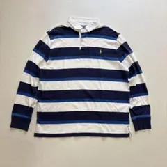 【希少XL】90s ポロラルフローレン刺繍ロゴ 太ボーダー ラガーシャツ 紺白青