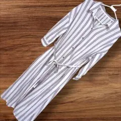 シャツワンピース 長袖 ベルト付 白 綿 レーヨン ロング スリット ストライプ