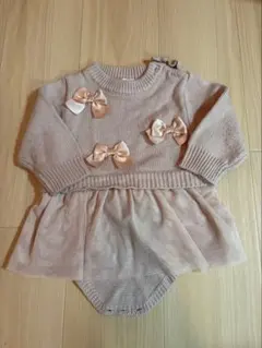 cottoli ニットロンパース ワンピース風 70 ピンク リボン 毛玉あり