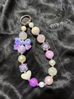 ハンドメイドビーズストラップ☆リボン☆バッグチャーム　薄パープル　約13cm