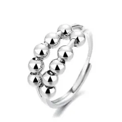 【Wビーズリング】シルバーカラー ステンレス フリーサイズ 動く 運気UP