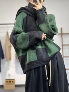 ニット セーター ゆったり系 配色 チェック柄 着痩せ プルオーバー トップス