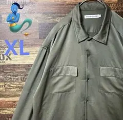 【個性派古着】長袖シャツ　オリーブグリーン 光沢　希少　お洒落　XL