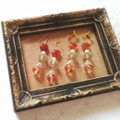 ★オレンジブラウンピアス・イヤリング★異種素材混合★