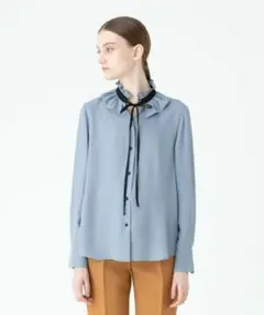 allureville Ｍサイズ　アセテートツイル配色タイブラウス　サックス