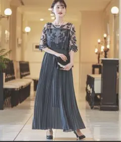 刺繍レース切替え5分袖プリーツロング丈 結婚式 ワンピース パーティードレス