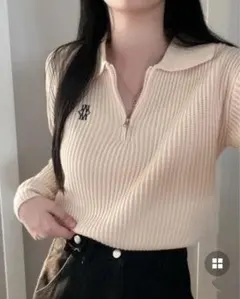 刺繍ジップアップハーフカラーニット Cream