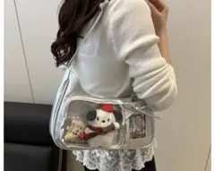 韓国 ショルダーバッグ 透明ポケット付き 銀　地雷系 推し活バッグ 痛バッグ