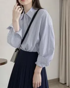 SHEIN ストライプ柄ドロップショルダーオーバーサイズシャツ、長袖トップスのサムネイル