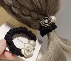 黒白ローズ＆パール ヘアゴム 2点セット