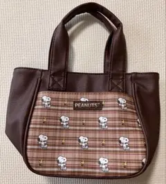 スヌーピー PEANUTS バッグ ミニ ブラウン チェック柄