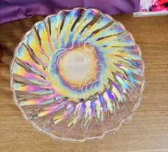 ガラス大皿 バラ彫刻 虹彩 オーロラ 特大30cm 長谷川硝子