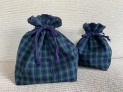 お弁当袋☆コップ袋　　緑チェック　通園♪通園 ハンドメイド
