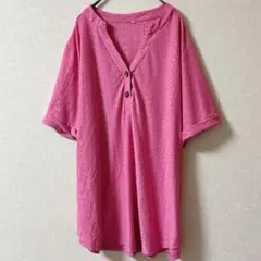【3XL】ゆったり 刺繍 Vネック ブラウス チュニック ピンク 大きいサイズ