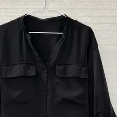 GU レディース ブラウス ノーカラー ブラック 黒 胸ポケット 七分シャツ M