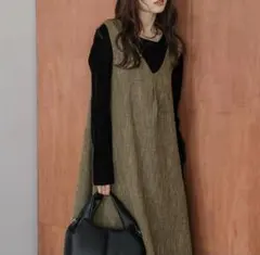 ワンピース ジャンパースカート Aライン フレア Vネックロングスカート