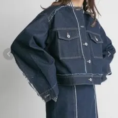 KBF カットオフノーカラー デニムジャケット ネイビー