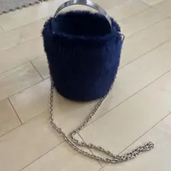 ZARA フェイクファー バケットバッグ チェーンショルダー ネイビー