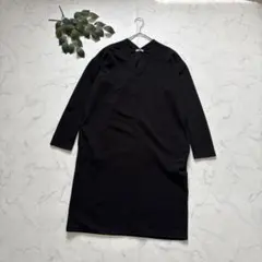 7405✾グラシア✾ひざ丈ワンピース【L】ブラック/Vネック/リブ/抜け感